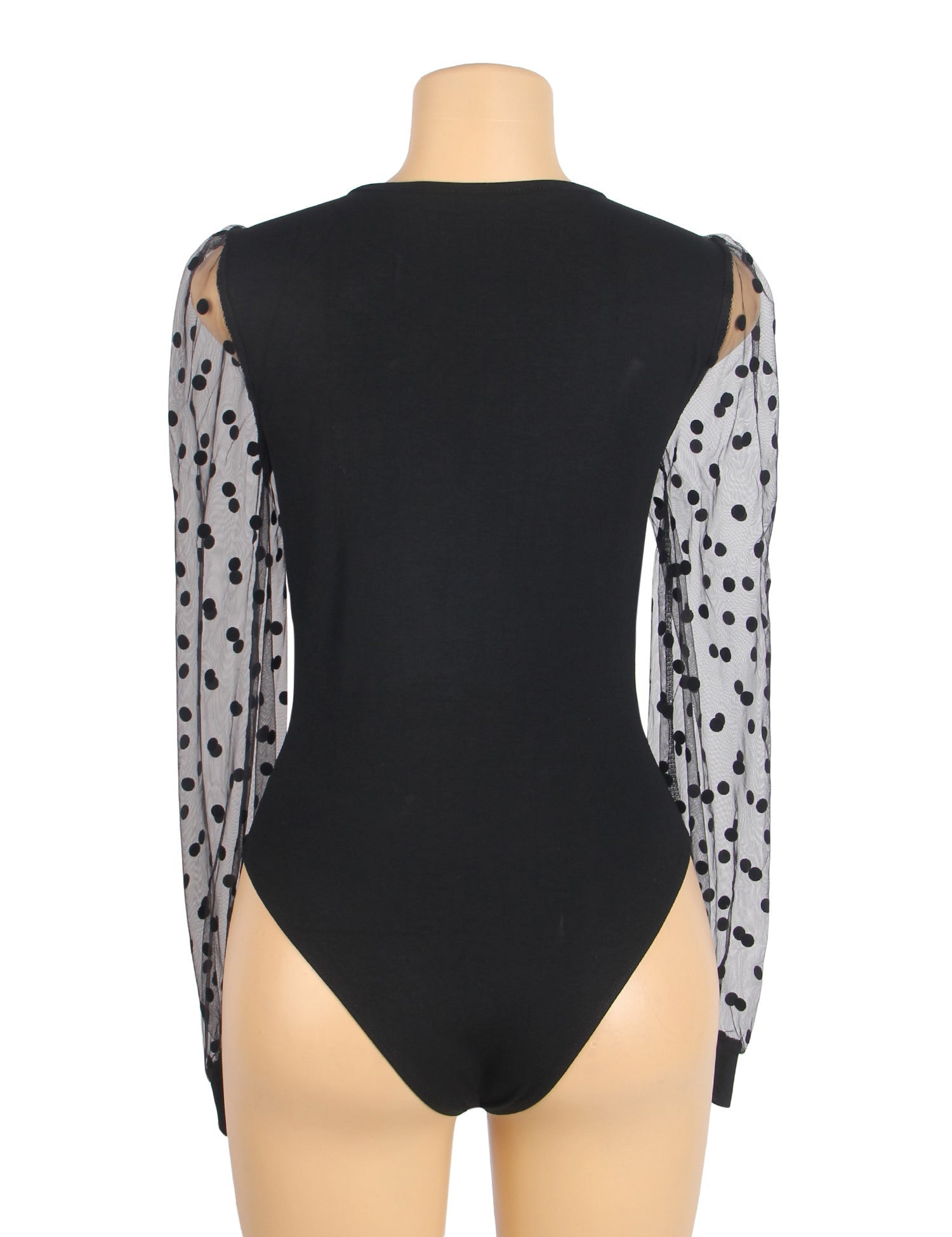 Black Long Sleeve Bodysuit – Polka Dot Mesh Sleeves & Deep V - Neck - TeaseFashion