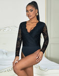 Black Long Sleeve Lace Bodysuit – Brushed Nylon Swim Fabric & Deep V - TeaseFashion