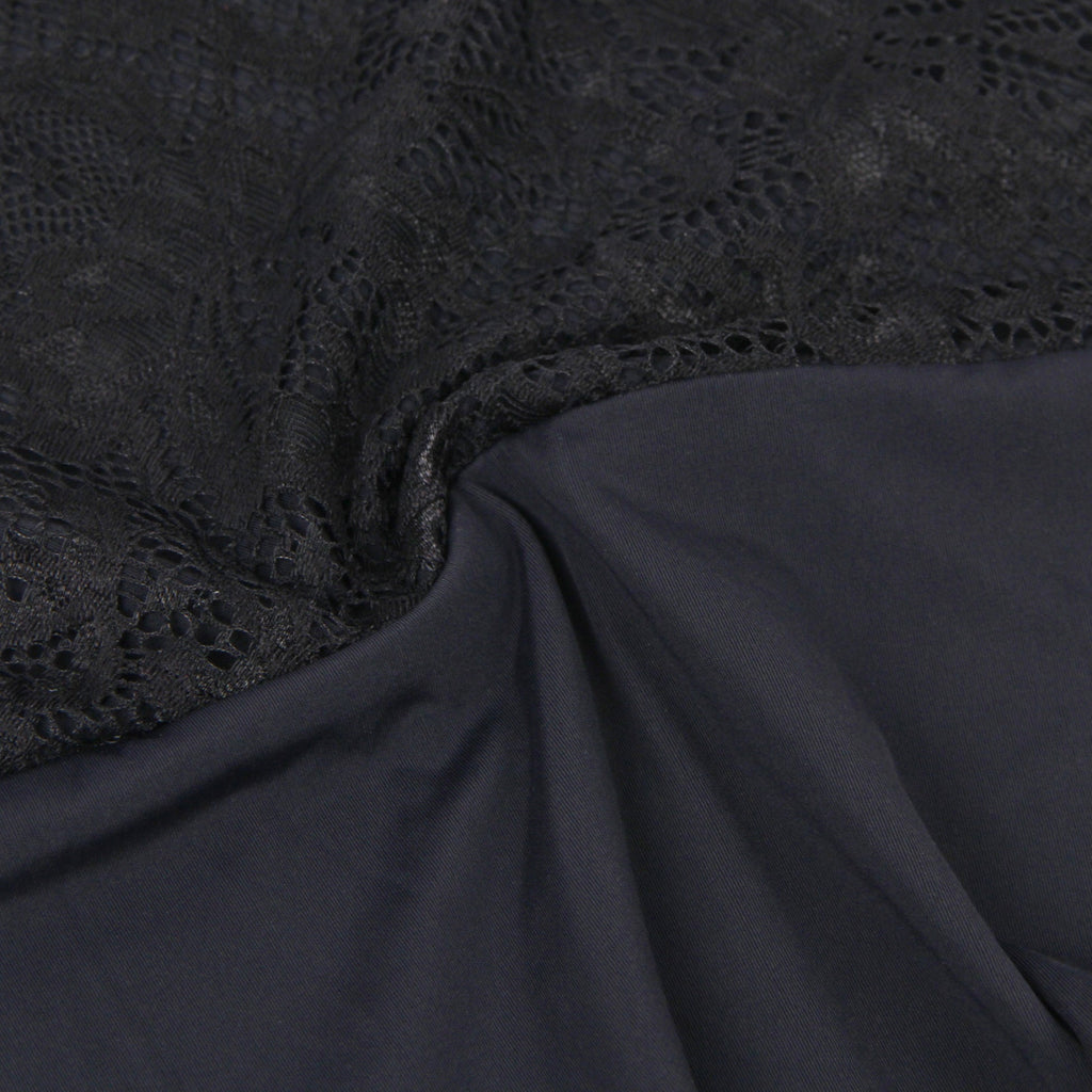 Black Long Sleeve Lace Bodysuit – Brushed Nylon Swim Fabric & Deep V - TeaseFashion