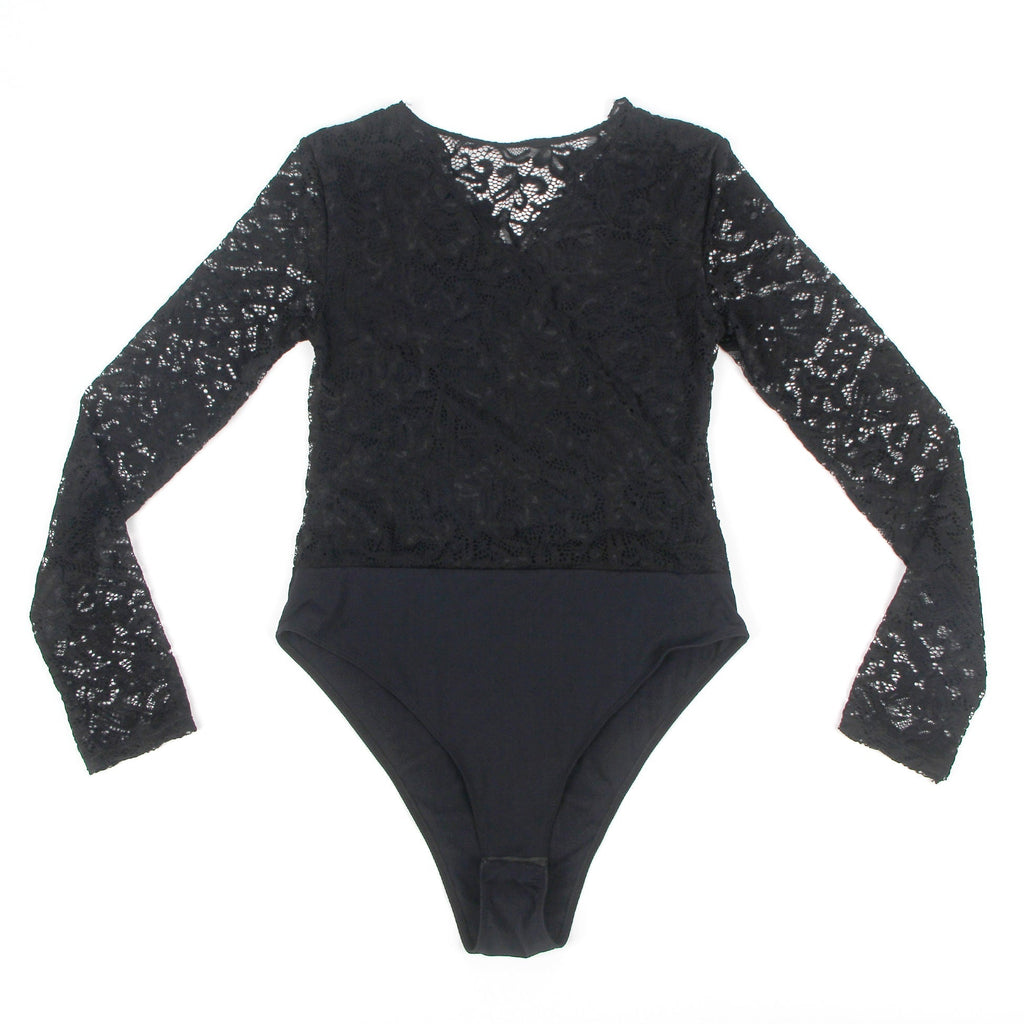 Black Long Sleeve Lace Bodysuit – Brushed Nylon Swim Fabric & Deep V - TeaseFashion