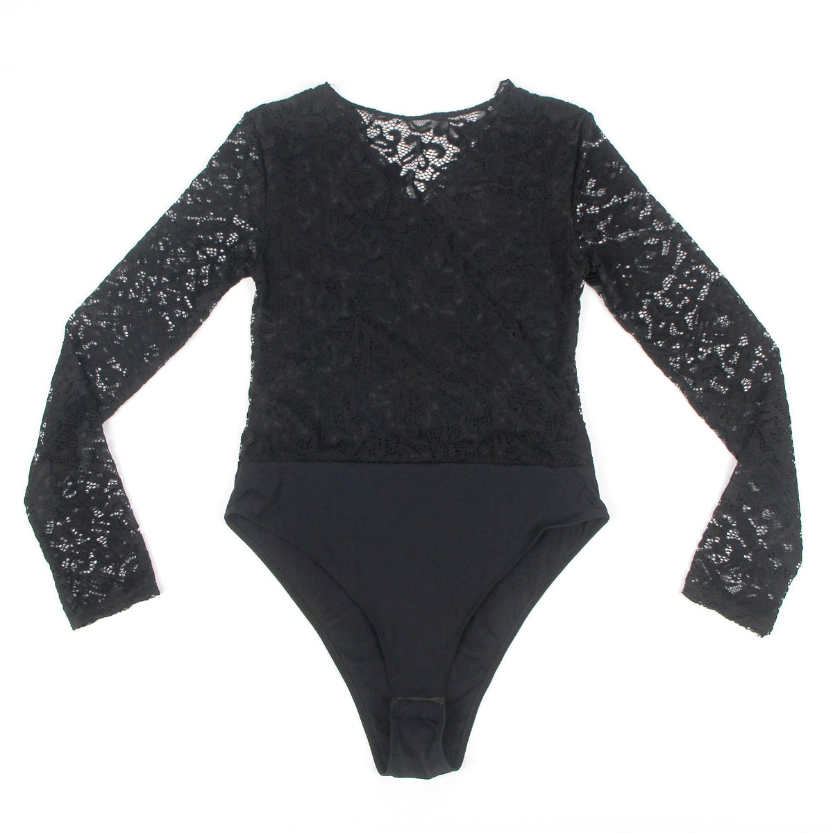 Black Long Sleeve Lace Bodysuit – Brushed Nylon Swim Fabric & Deep V - TeaseFashion