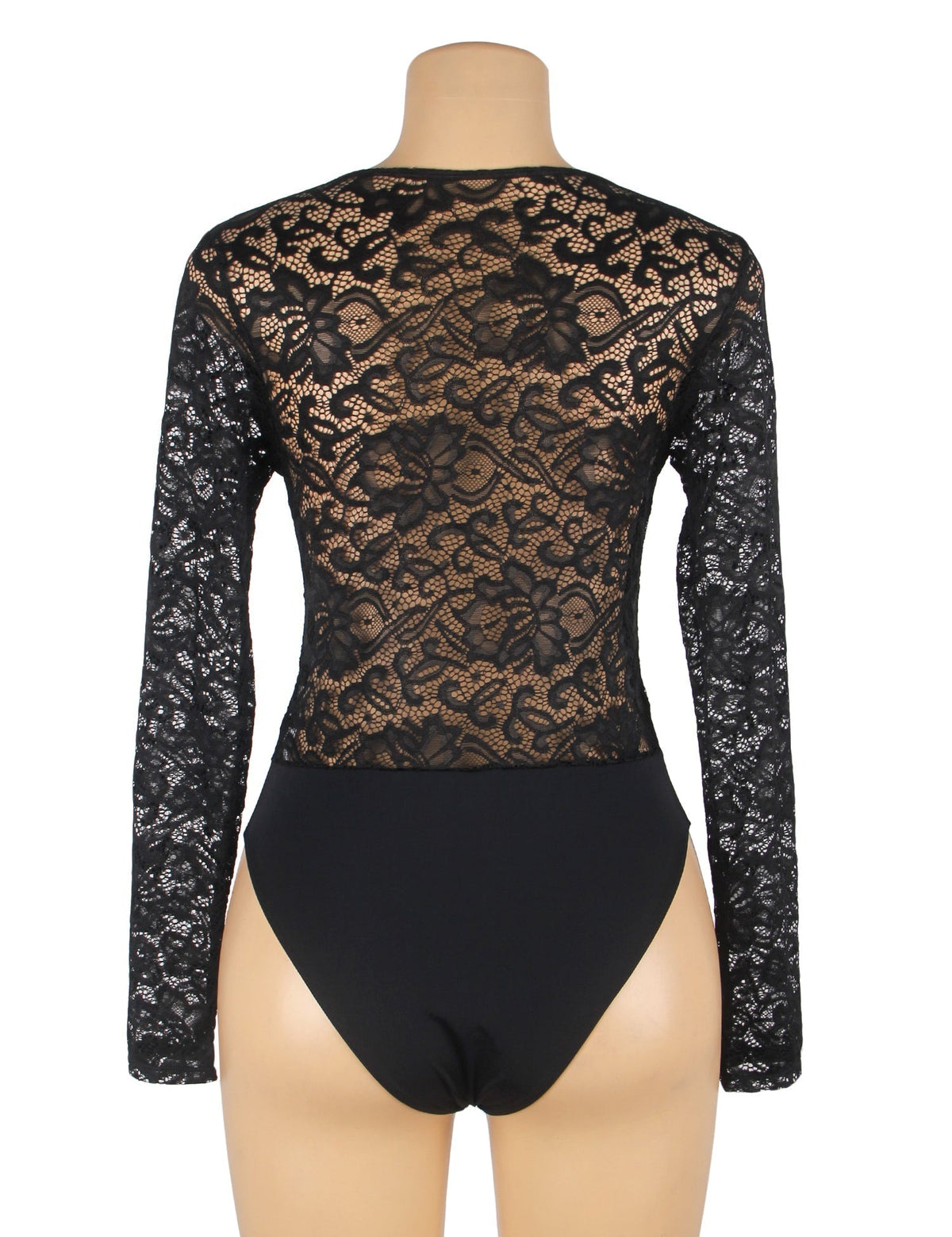Black Long Sleeve Lace Bodysuit – Brushed Nylon Swim Fabric & Deep V - TeaseFashion