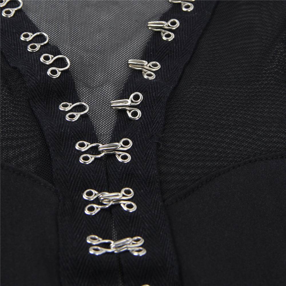 Black Long - Sleeve Mesh Bodysuit – Net Panels, Front Hook Closure & Snap Crotch - TeaseFashion