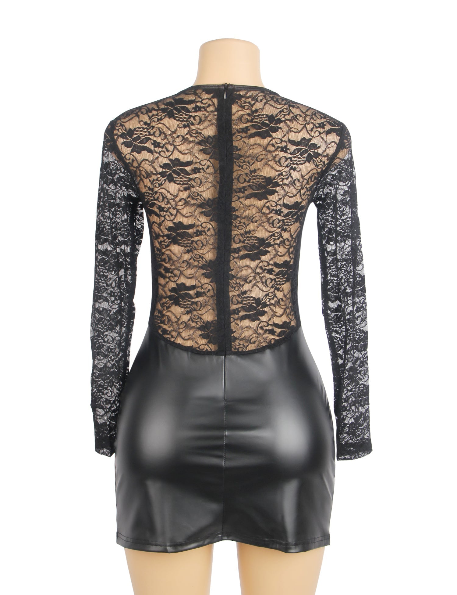Black Long - Sleeve PU Leather Mini Nightdress – Lace Mesh Back Splicing, Pleated Front & Back Zipper - TeaseFashion