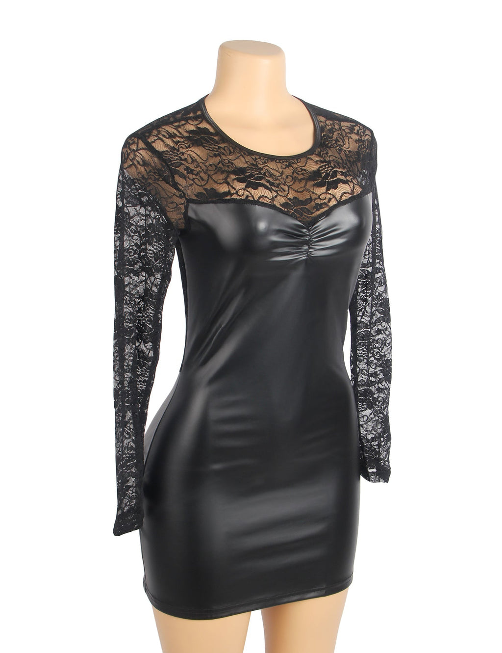 Black Long - Sleeve PU Leather Mini Nightdress – Lace Mesh Back Splicing, Pleated Front & Back Zipper - TeaseFashion