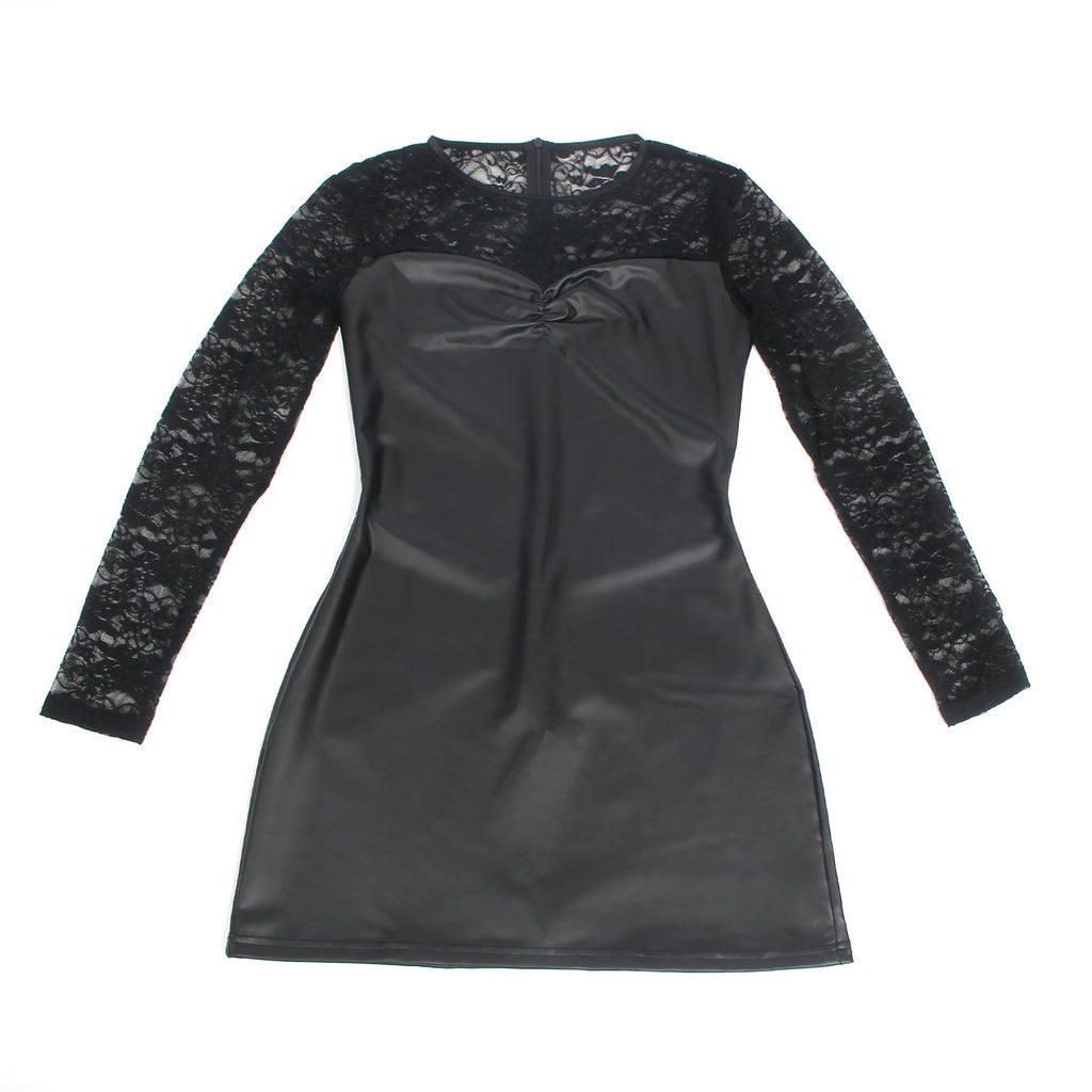 Black Long - Sleeve PU Leather Mini Nightdress – Lace Mesh Back Splicing, Pleated Front & Back Zipper - TeaseFashion