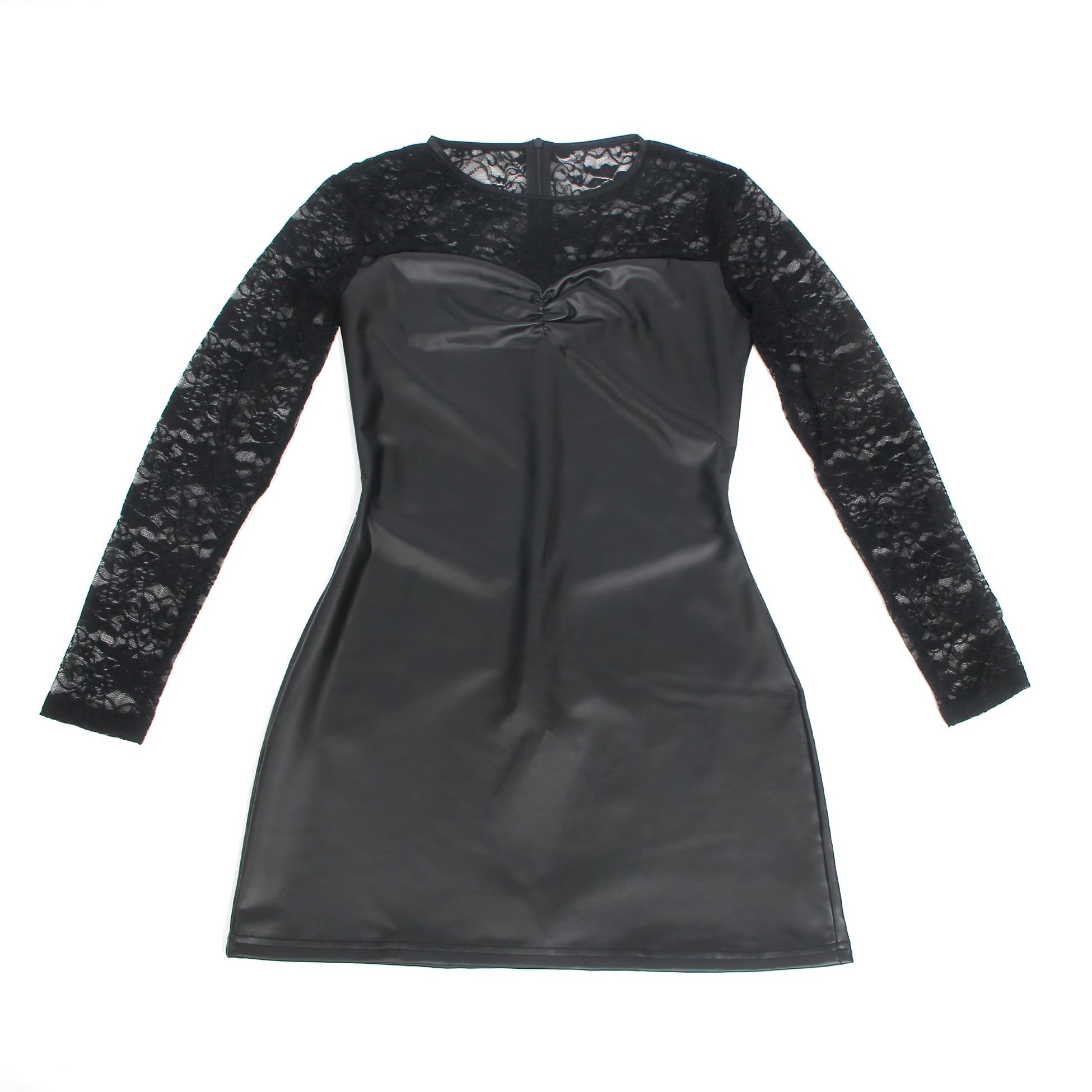 Black Long - Sleeve PU Leather Mini Nightdress – Lace Mesh Back Splicing, Pleated Front & Back Zipper - TeaseFashion