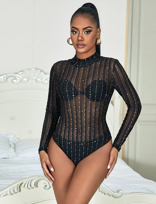 Black Long - Sleeved Bronzing Mesh See - Through Bodysuit - TeaseFashion