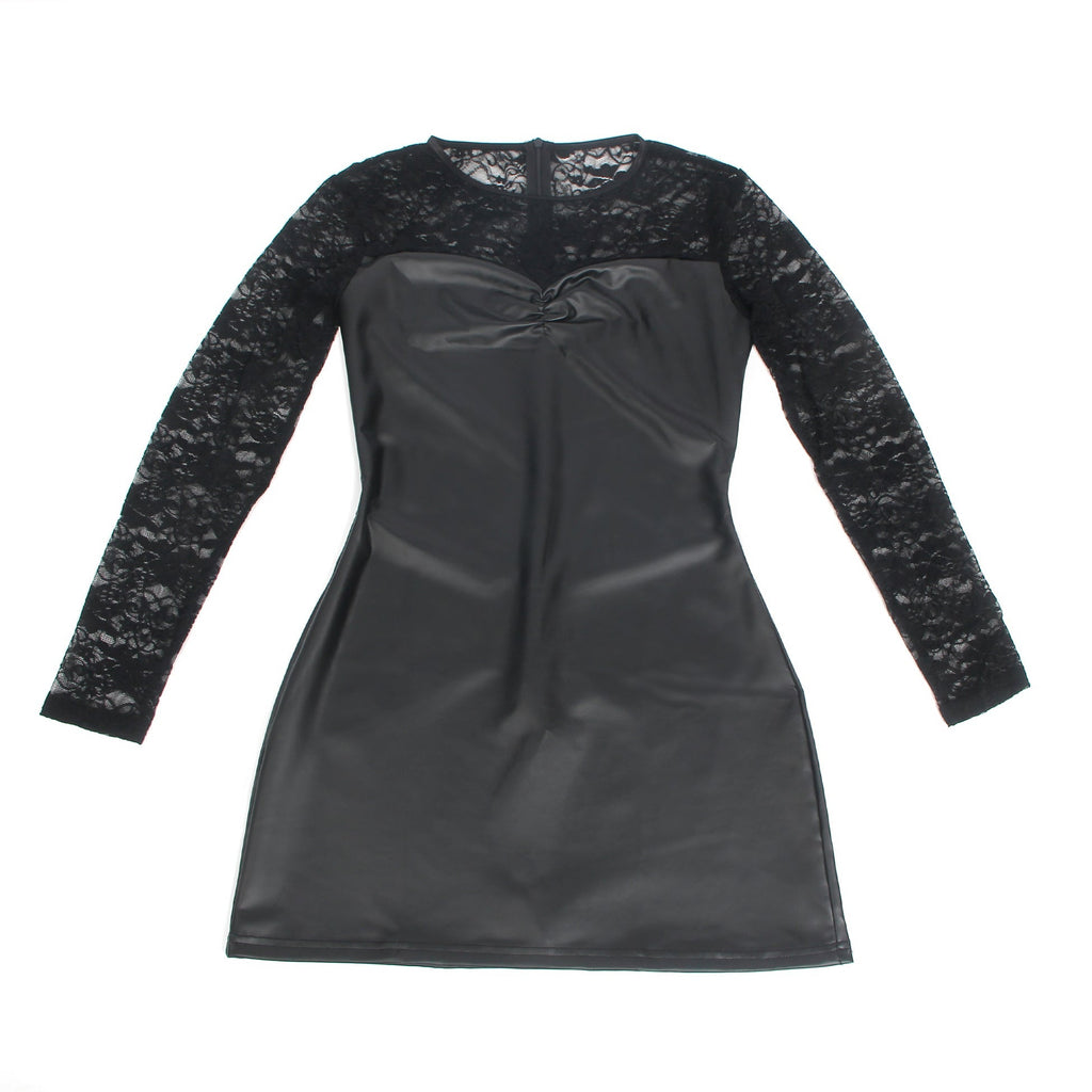 Black Long Sleeves PU Leather Lace Sexy Nightdress - TeaseFashion