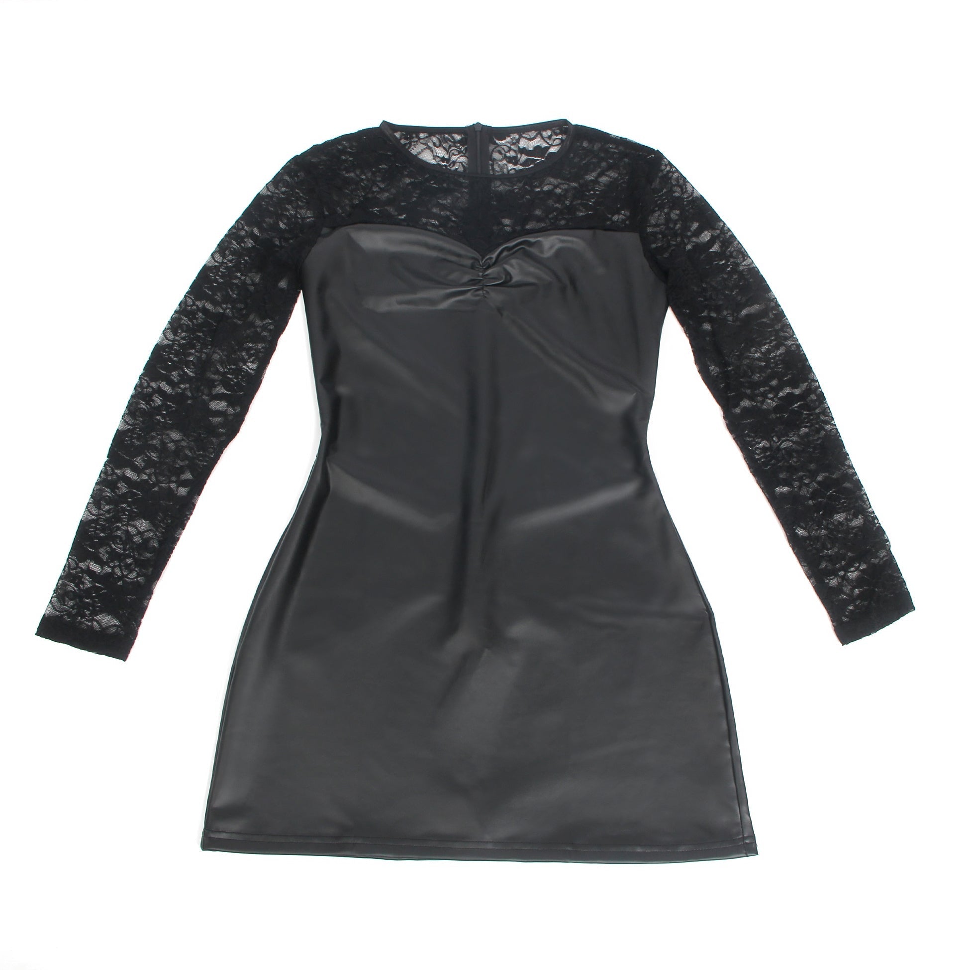 Black Long Sleeves PU Leather Lace Sexy Nightdress - TeaseFashion