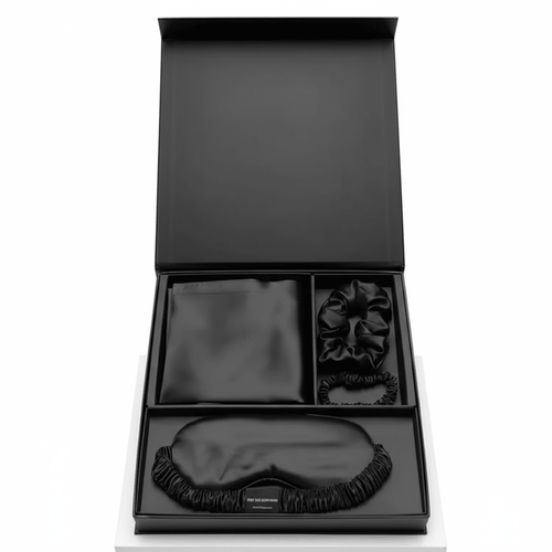 Black Luxury 100% Mulberry Silk Pillow case Sleep, Eye Mask Blind and Scrunchies Gift Set - TeaseFashion