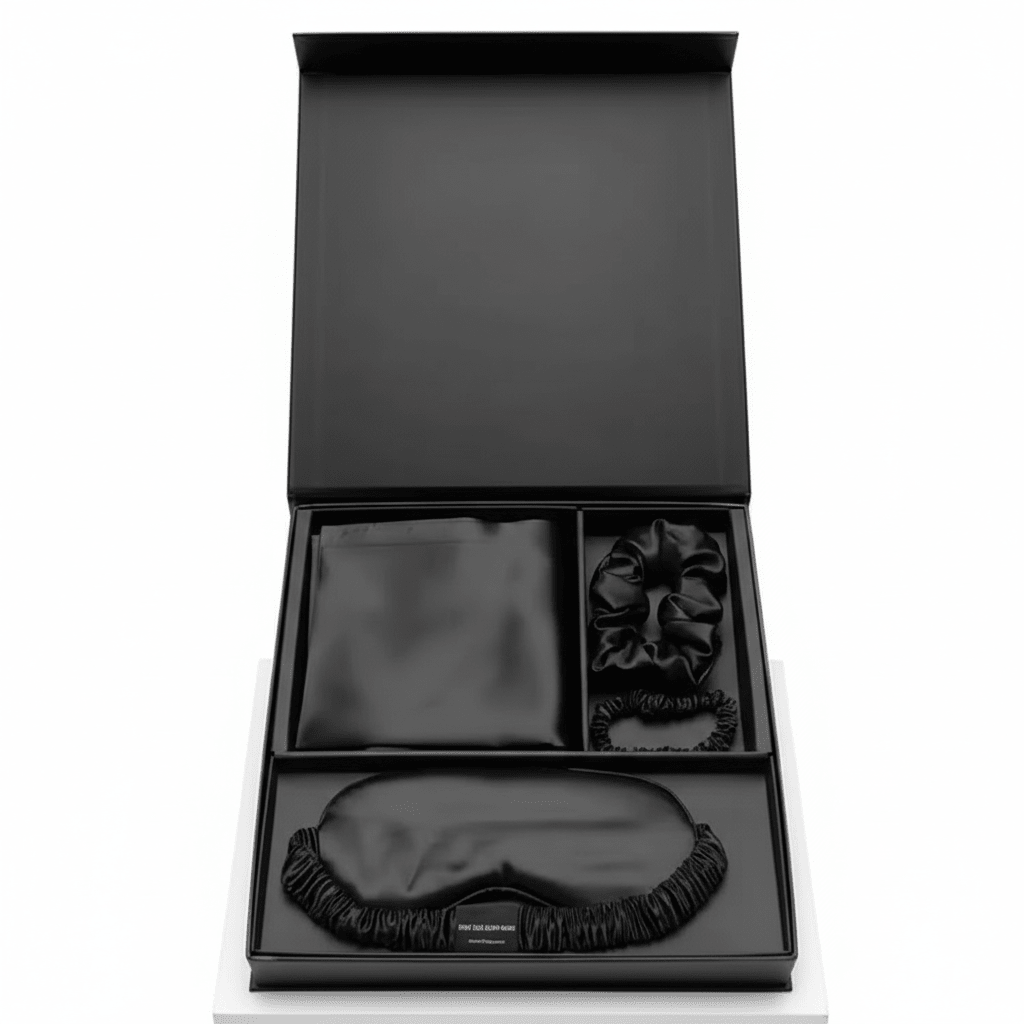 Black Luxury 100% Mulberry Silk Pillow case Sleep, Eye Mask Blind and Scrunchies Gift Set - TeaseFashion