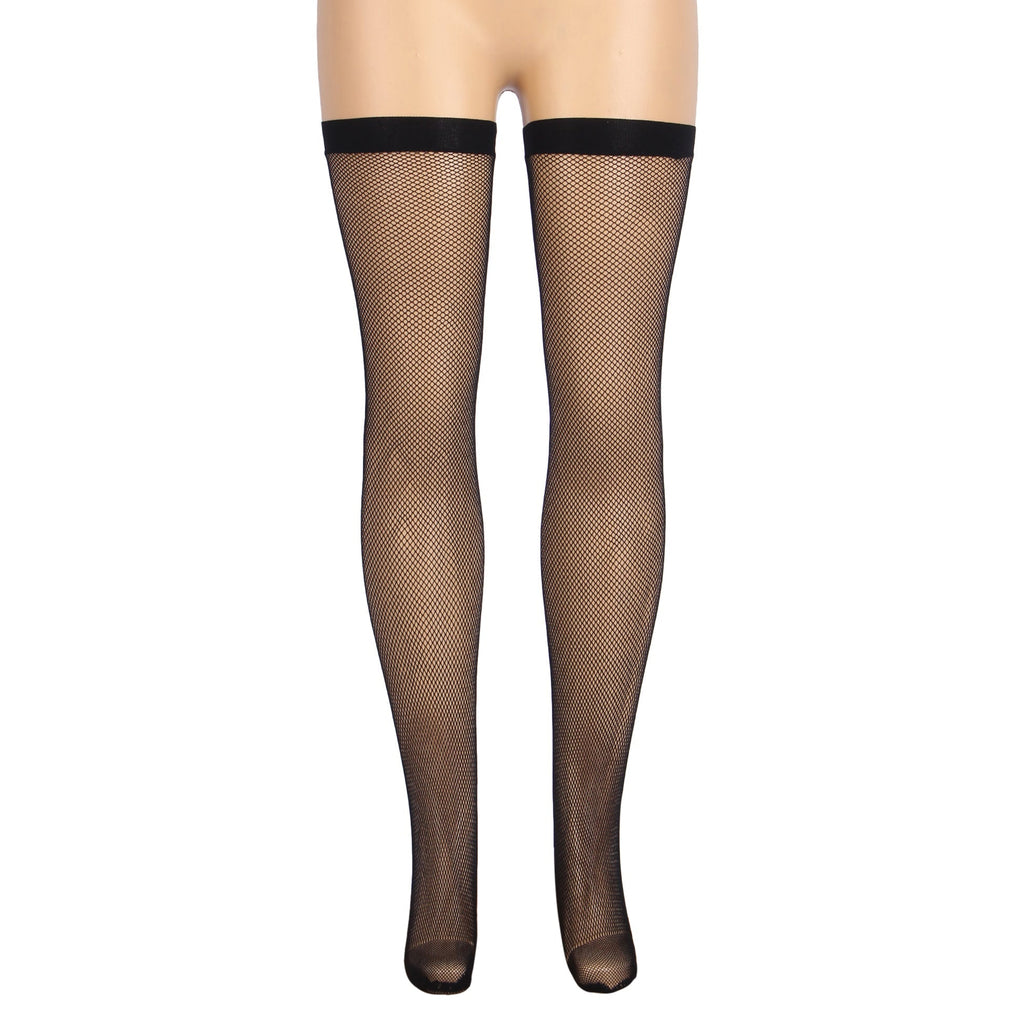 Black Medium - Mesh Fishnet Thigh - High Stockings with Anti - Roll Cuff - TeaseFashion