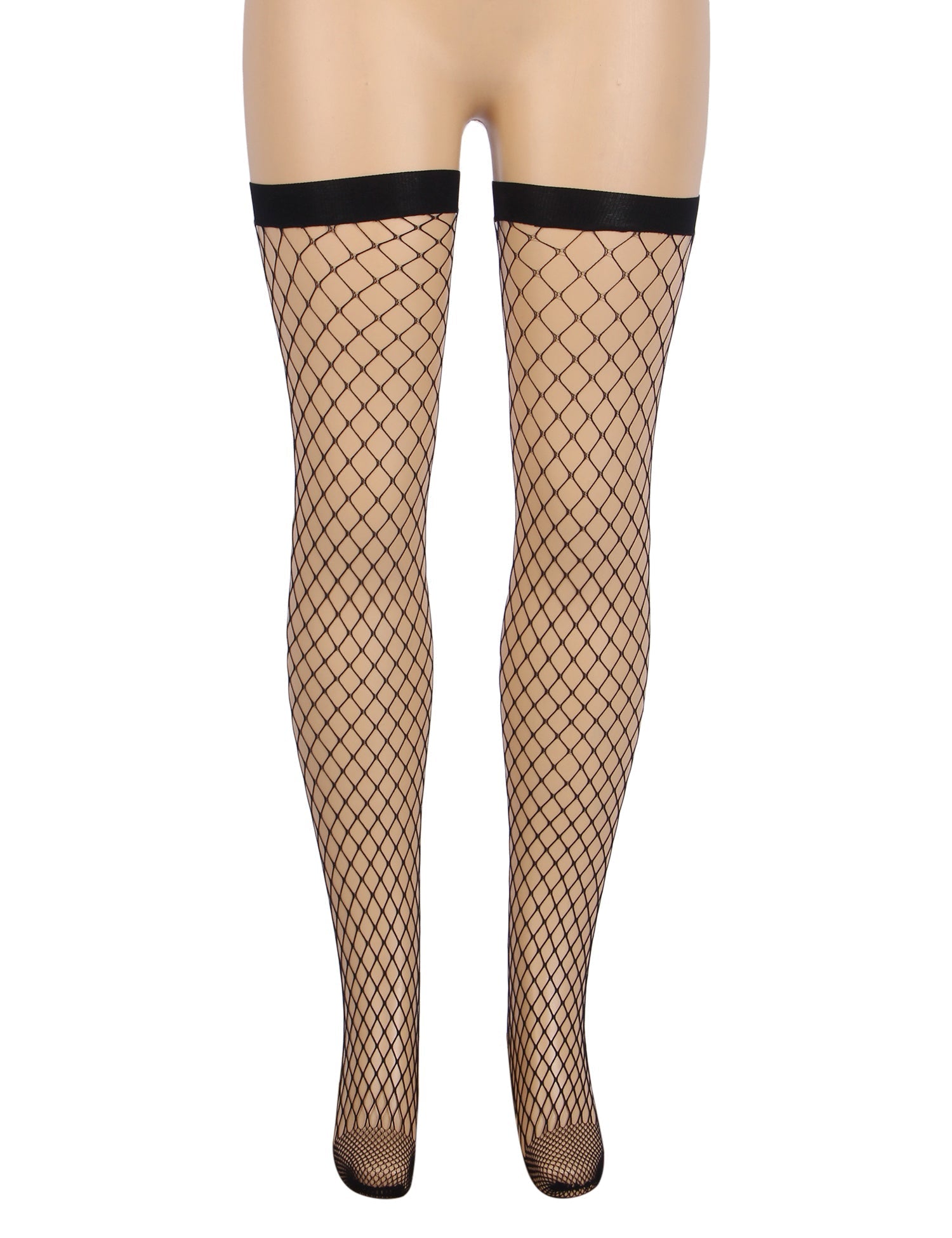 Black Medium - Mesh Fishnet Thigh - High Stockings with Anti - Roll Cuff - TeaseFashion