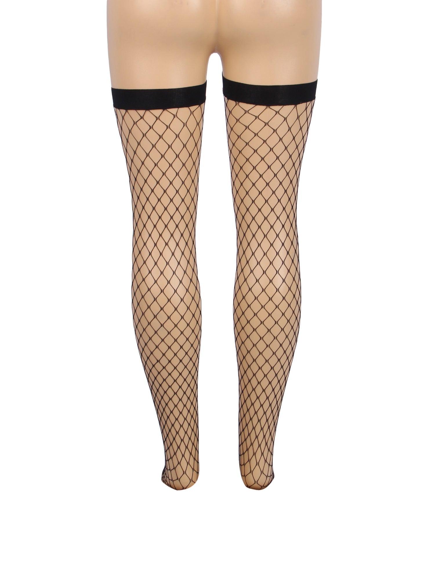 Black Medium - Mesh Fishnet Thigh - High Stockings with Anti - Roll Cuff - TeaseFashion