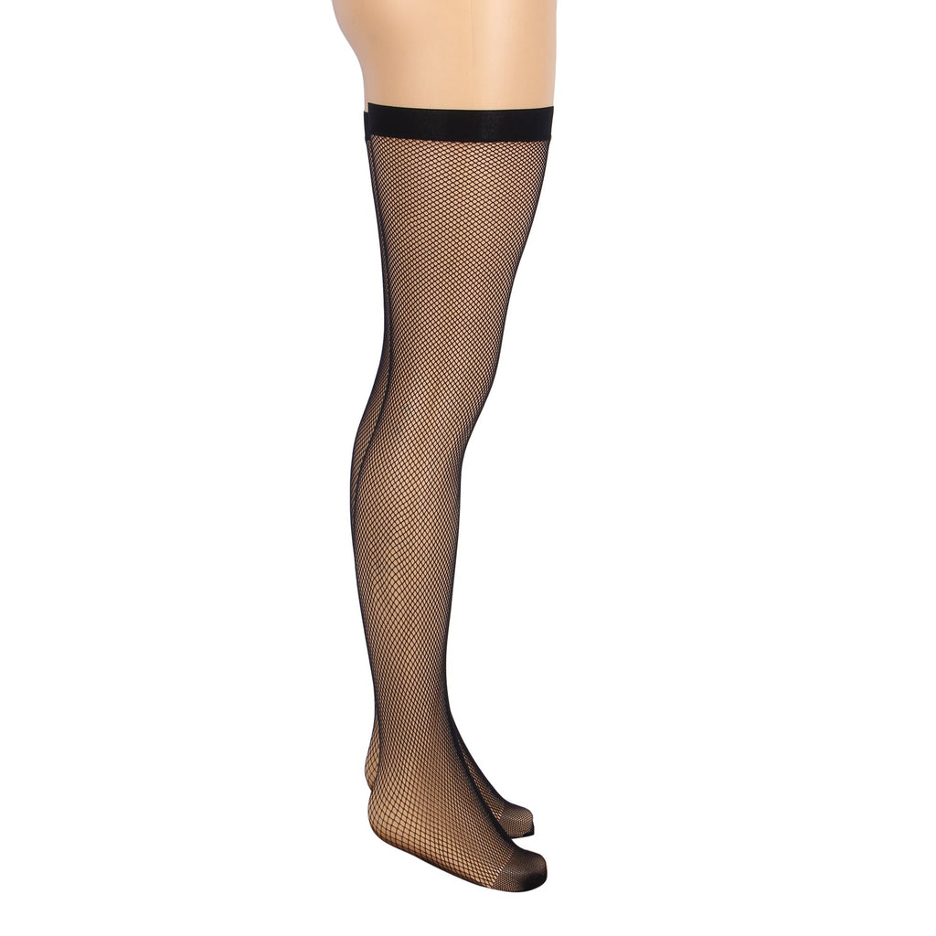 Black Medium - Mesh Fishnet Thigh - High Stockings with Anti - Roll Cuff - TeaseFashion