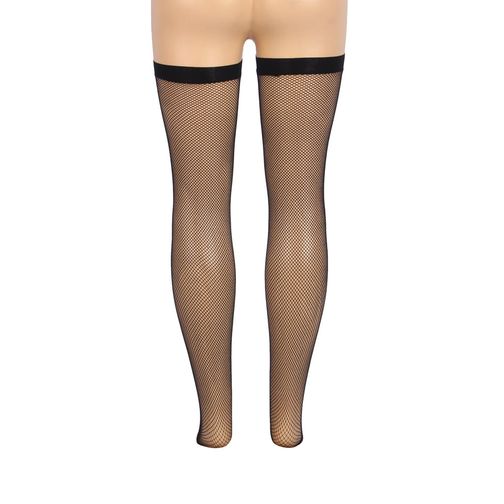 Black Medium - Mesh Fishnet Thigh - High Stockings with Anti - Roll Cuff - TeaseFashion