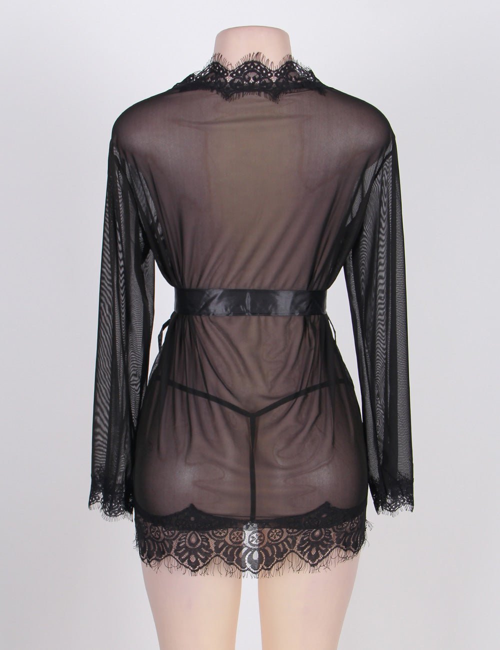 Black Mesh Babydoll Robe – Long Sleeve, Eyelash Lace Trim, Faux Silk Belt & Matching Thong - TeaseFashion