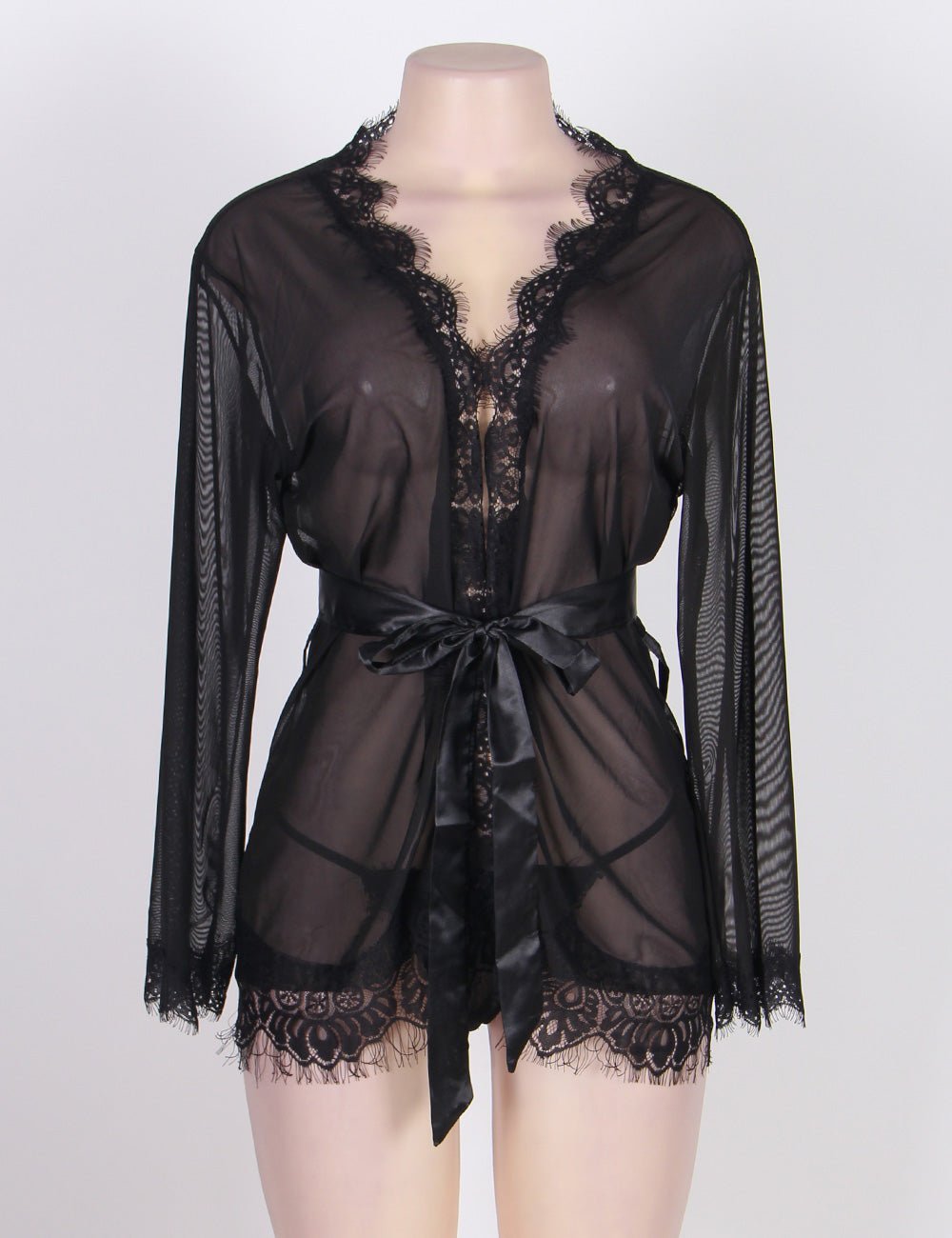 Black Mesh Babydoll Robe – Long Sleeve, Eyelash Lace Trim, Faux Silk Belt & Matching Thong - TeaseFashion