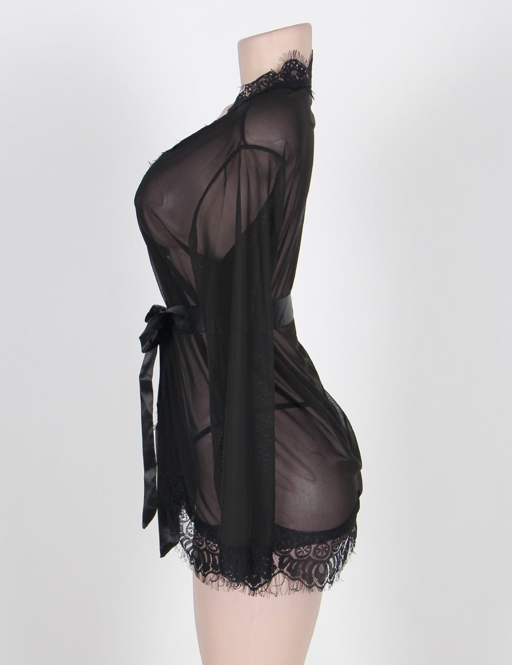 Black Mesh Babydoll Robe – Long Sleeve, Eyelash Lace Trim, Faux Silk Belt & Matching Thong - TeaseFashion