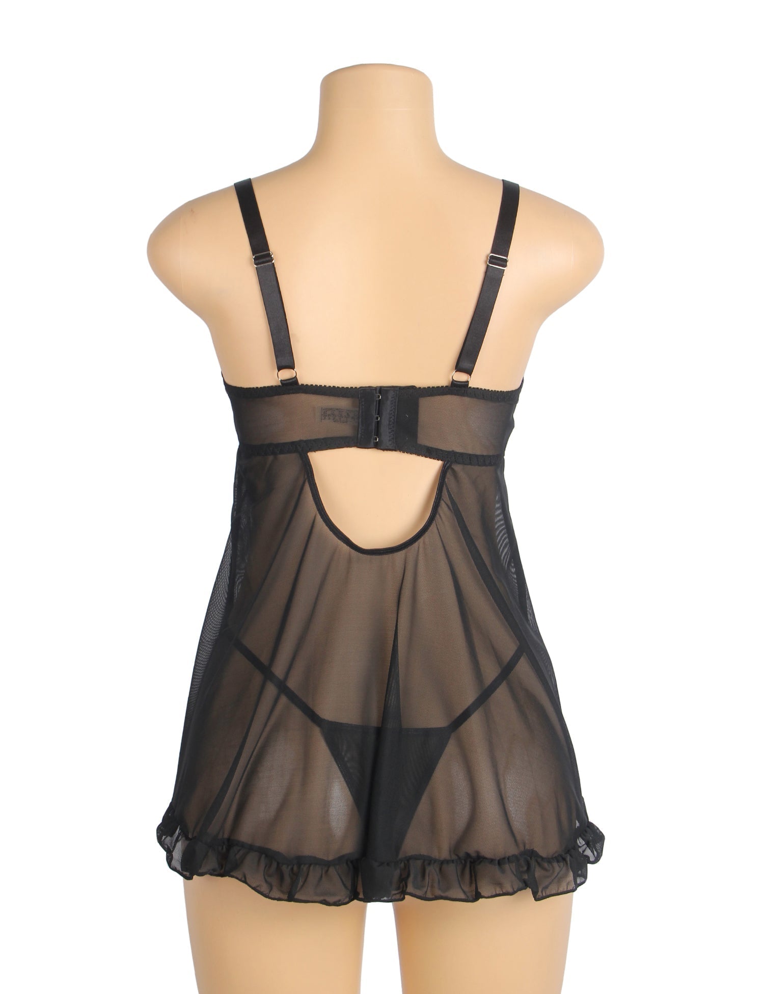 Black Mesh Babydoll with 3D Floral Embroidery, Bow Accent, Ruffled Hem, Self - Lifting Bust & T - Pants Set - TeaseFashion