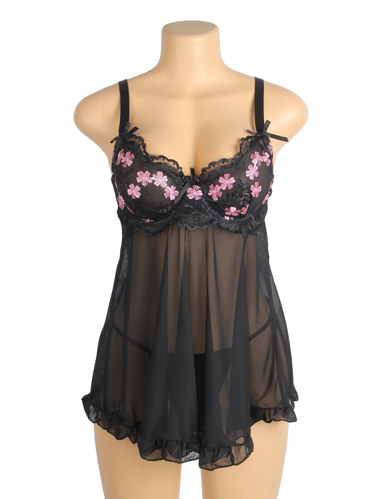 Black Mesh Babydoll with 3D Floral Embroidery, Bow Accent, Ruffled Hem, Self - Lifting Bust & T - Pants Set - TeaseFashion