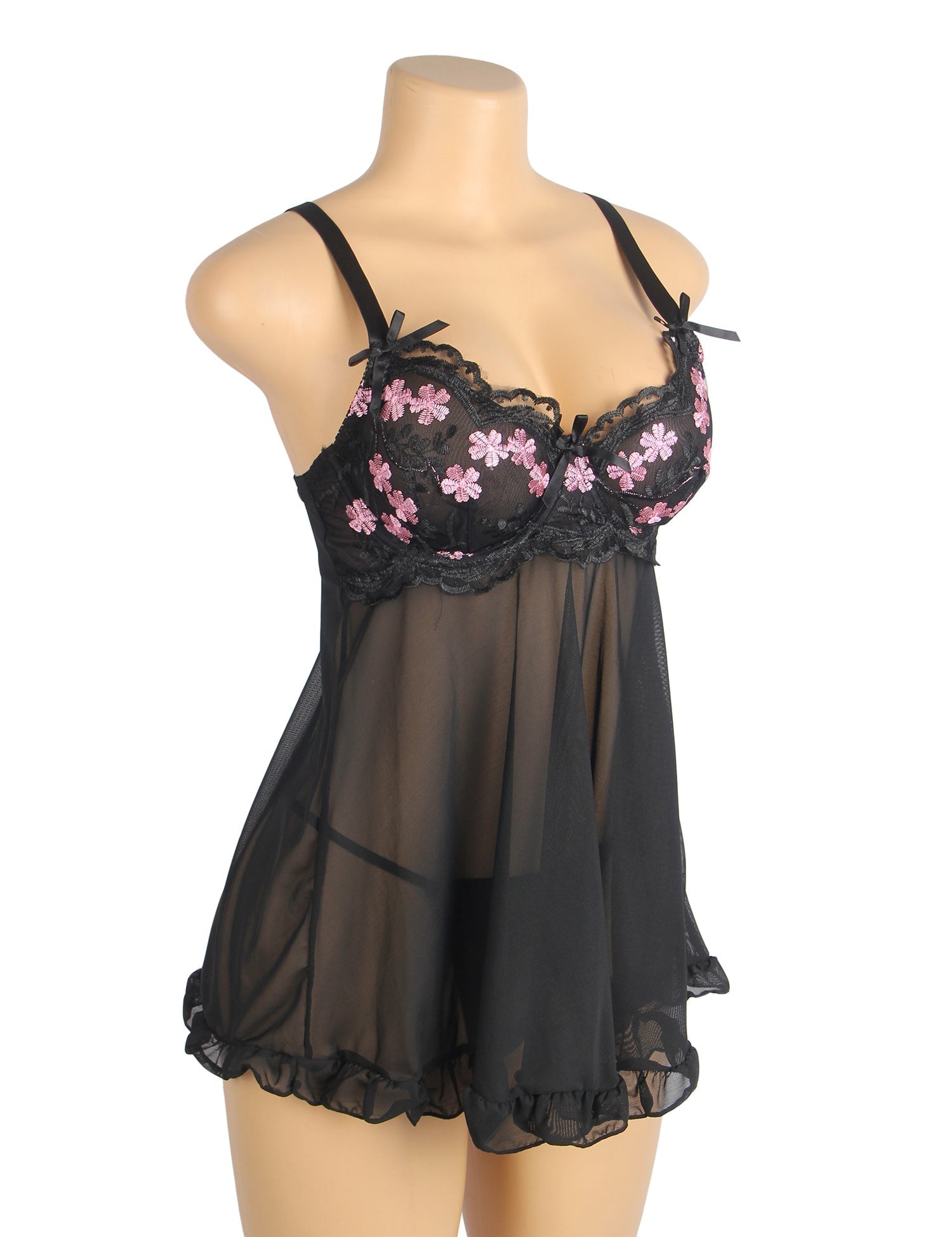 Black Mesh Babydoll with 3D Floral Embroidery, Bow Accent, Ruffled Hem, Self - Lifting Bust & T - Pants Set - TeaseFashion