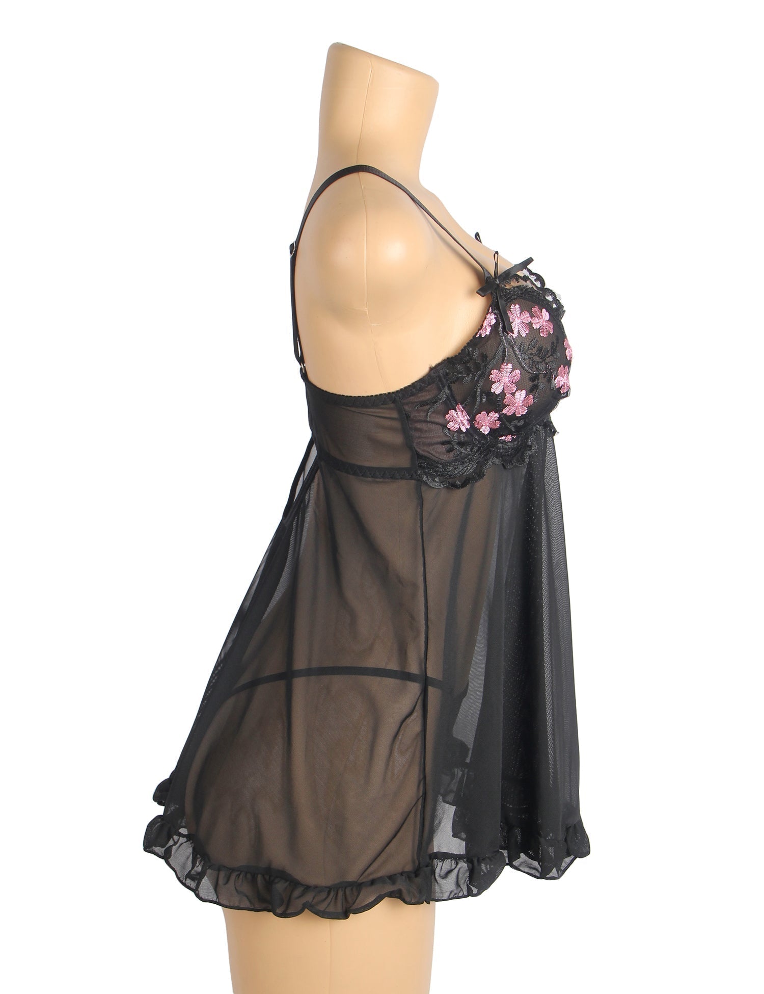Black Mesh Babydoll with 3D Floral Embroidery, Bow Accent, Ruffled Hem, Self - Lifting Bust & T - Pants Set - TeaseFashion