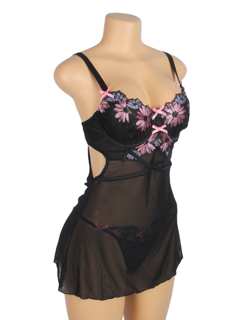 Black Mesh Babydoll with Floral Embroidery, Underwire, Back Button Closure, Bow Accents & T - Pants Set - TeaseFashion