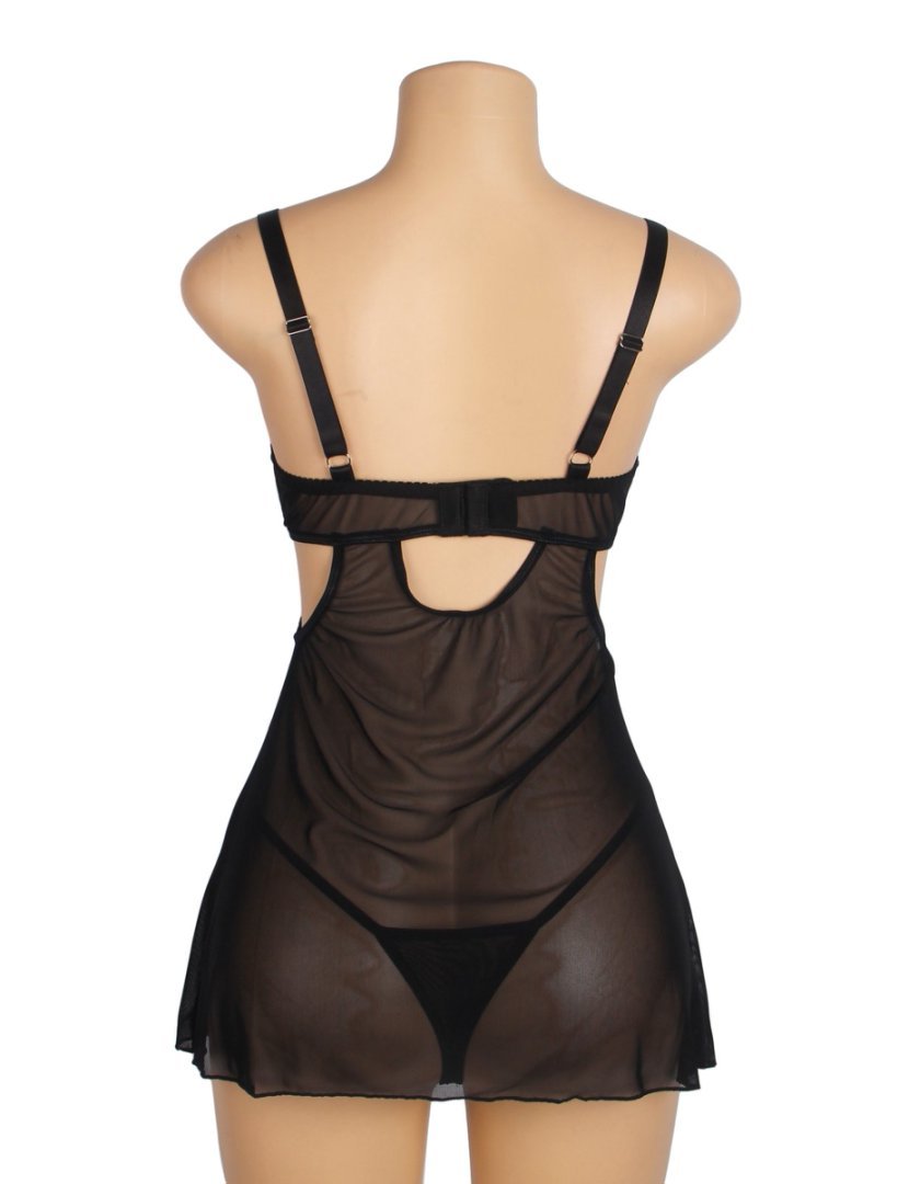 Black Mesh Babydoll with Floral Embroidery, Underwire, Back Button Closure, Bow Accents & T - Pants Set - TeaseFashion