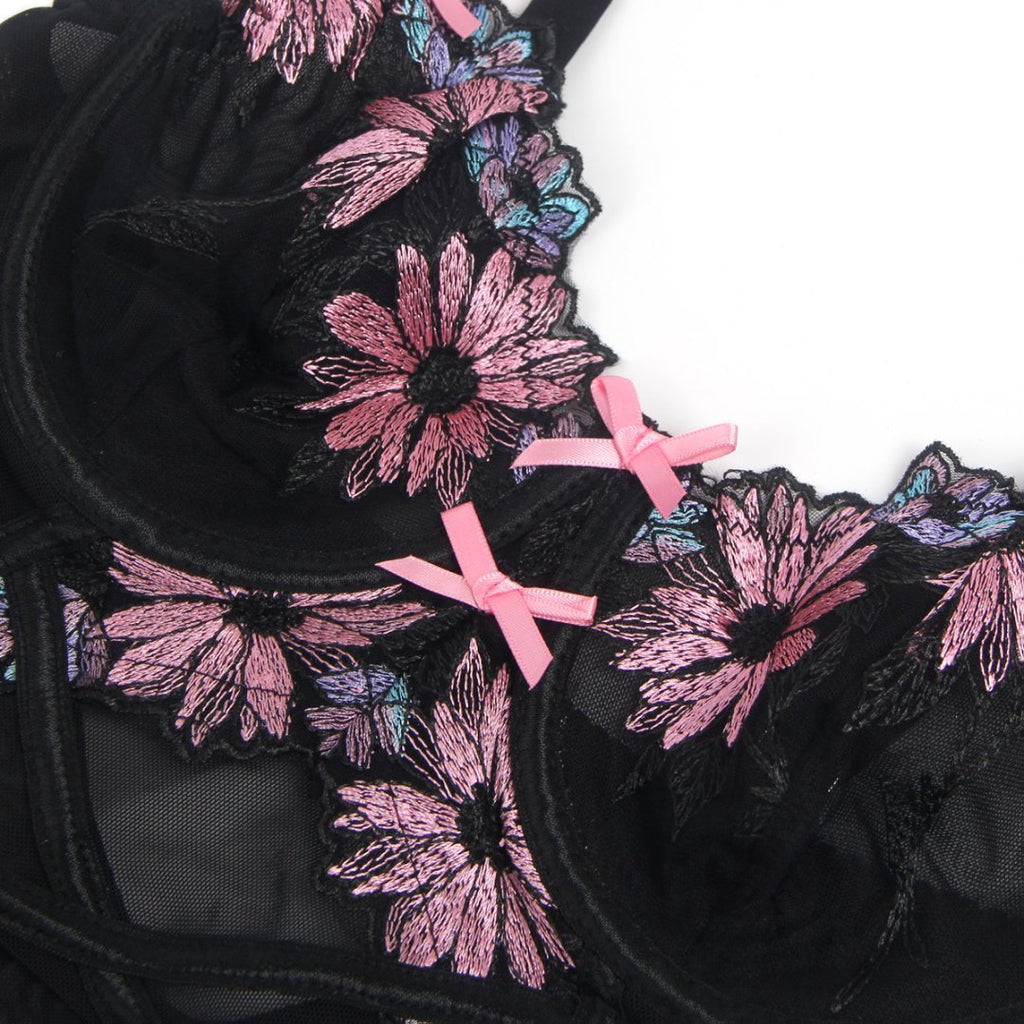 Black Mesh Babydoll with Floral Embroidery, Underwire, Back Button Closure, Bow Accents & T - Pants Set - TeaseFashion