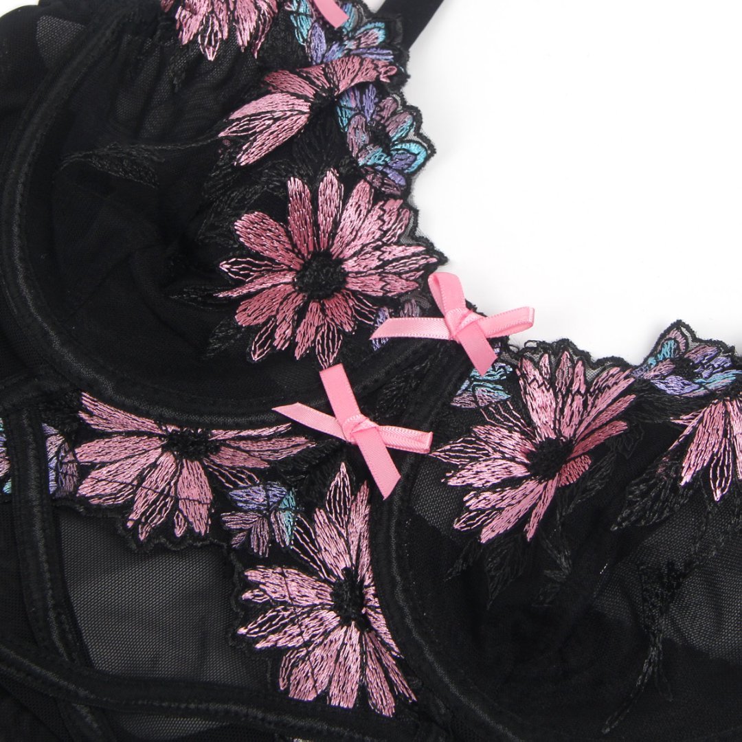 Black Mesh Babydoll with Floral Embroidery, Underwire, Back Button Closure, Bow Accents & T - Pants Set - TeaseFashion