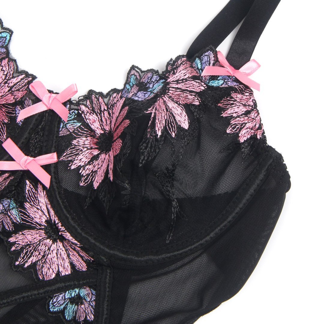 Black Mesh Babydoll with Floral Embroidery, Underwire, Back Button Closure, Bow Accents & T - Pants Set - TeaseFashion
