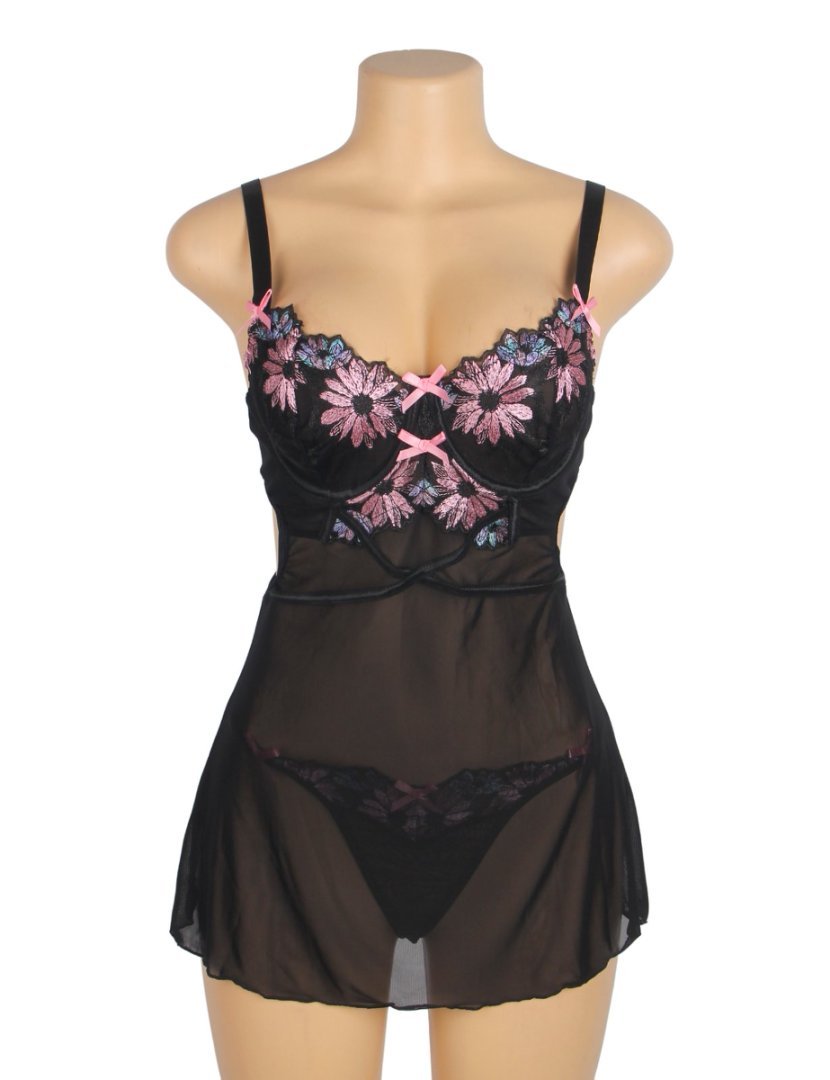 Black Mesh Babydoll with Floral Embroidery, Underwire, Back Button Closure, Bow Accents & T - Pants Set - TeaseFashion