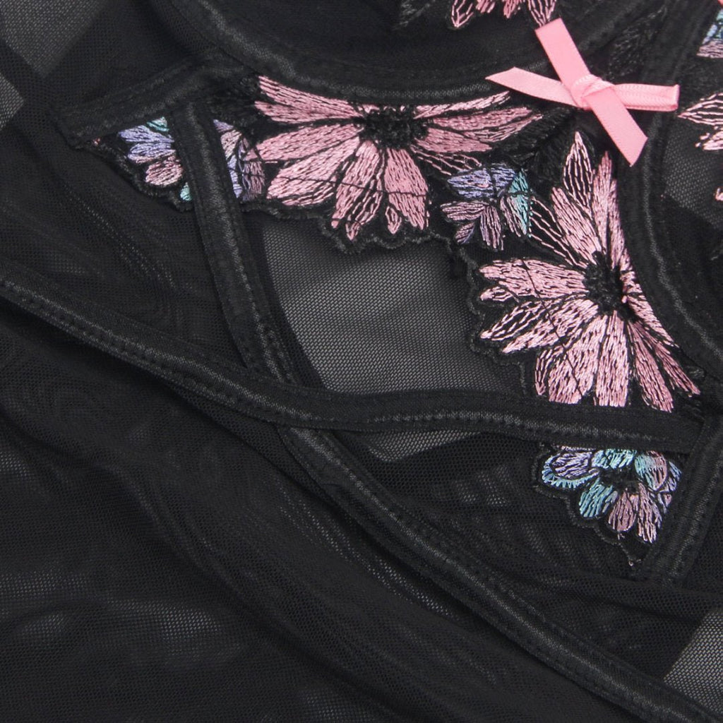 Black Mesh Babydoll with Floral Embroidery, Underwire, Back Button Closure, Bow Accents & T - Pants Set - TeaseFashion