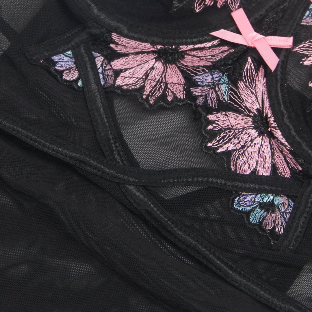 Black Mesh Babydoll with Floral Embroidery, Underwire, Back Button Closure, Bow Accents & T - Pants Set - TeaseFashion