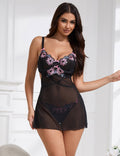 Black Mesh Babydoll with Floral Embroidery, Underwire, Back Button Closure, Bow Accents & T - Pants Set - TeaseFashion