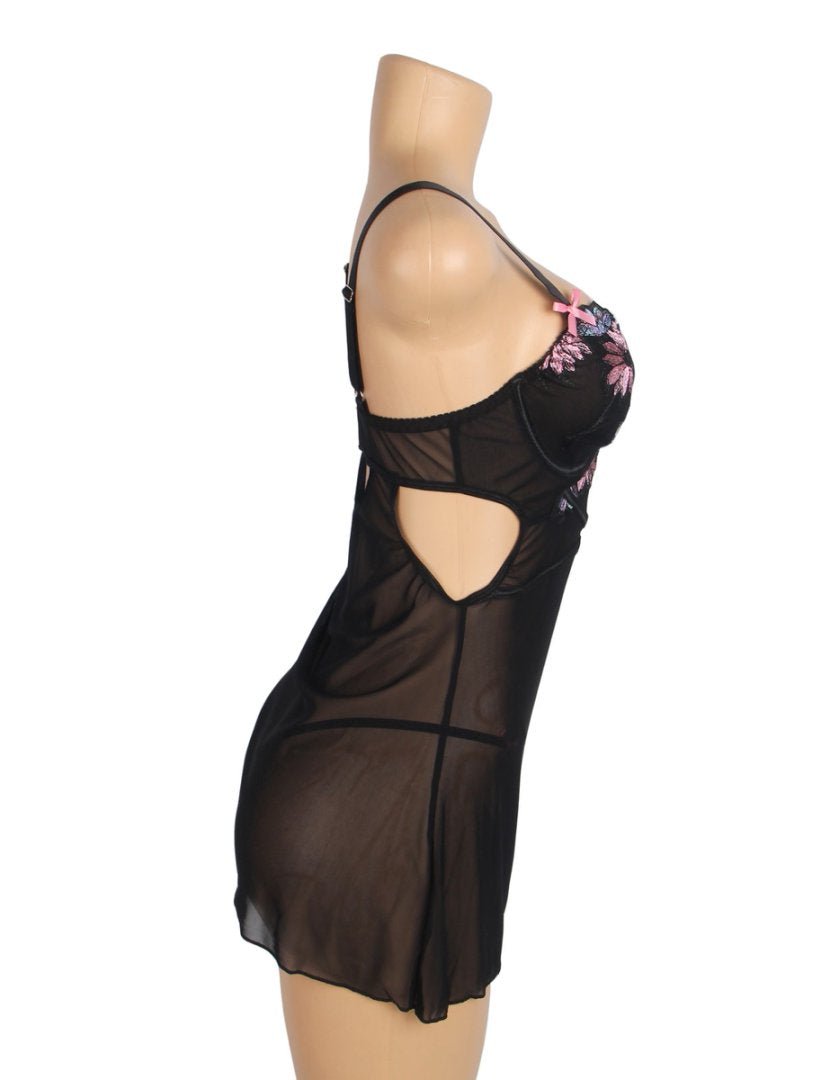 Black Mesh Babydoll with Floral Embroidery, Underwire, Back Button Closure, Bow Accents & T - Pants Set - TeaseFashion