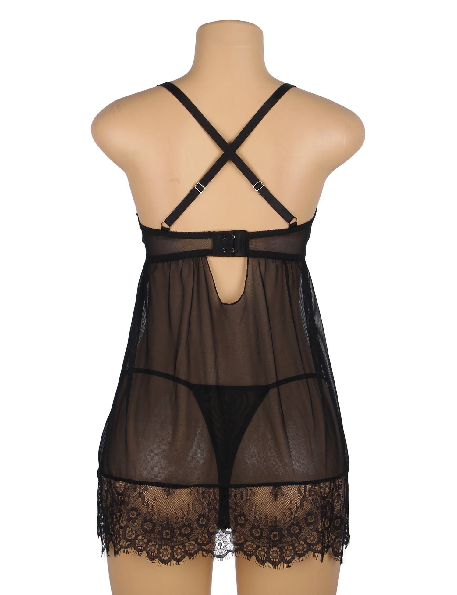 Black Mesh Babydoll with Underwire & Padding, Cross - Back, Eyelash Lace Chest & Hem, Bust Bow & T - Pants Set - TeaseFashion