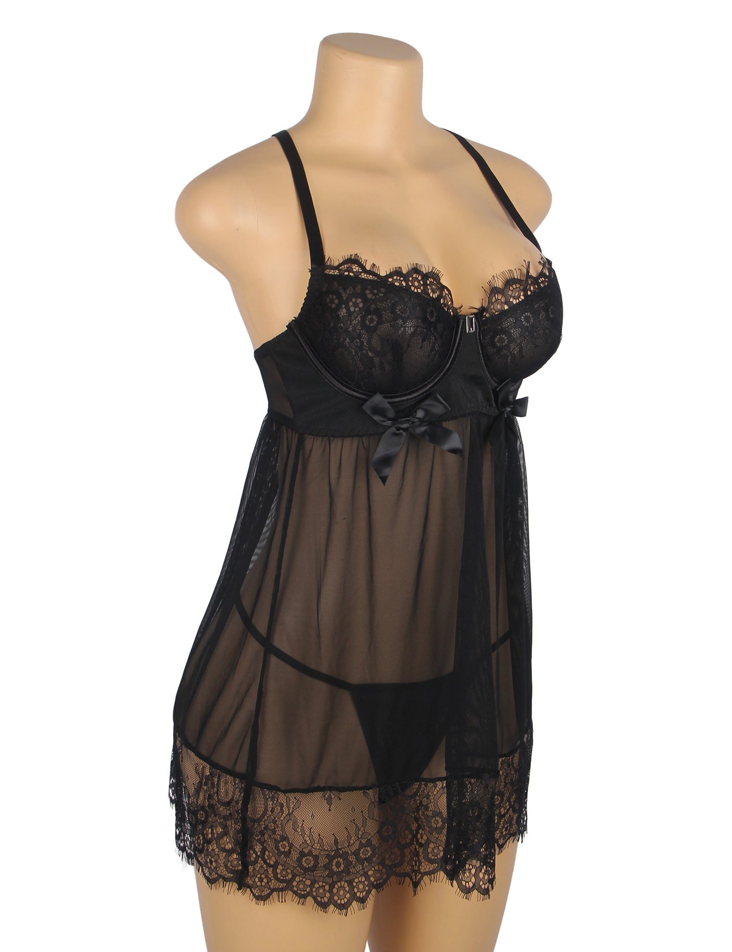 Black Mesh Babydoll with Underwire & Padding, Cross - Back, Eyelash Lace Chest & Hem, Bust Bow & T - Pants Set - TeaseFashion