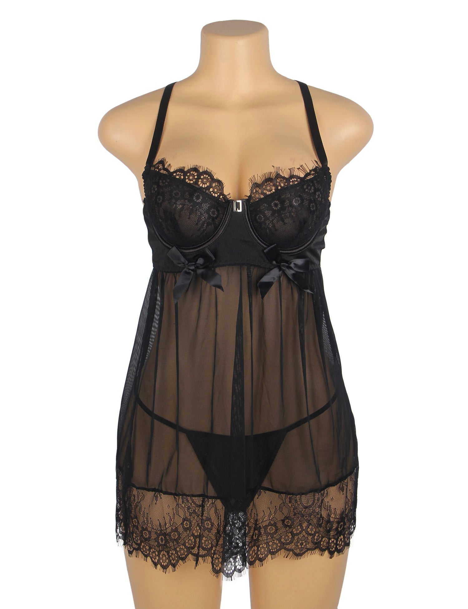 Black Mesh Babydoll with Underwire & Padding, Cross - Back, Eyelash Lace Chest & Hem, Bust Bow & T - Pants Set - TeaseFashion