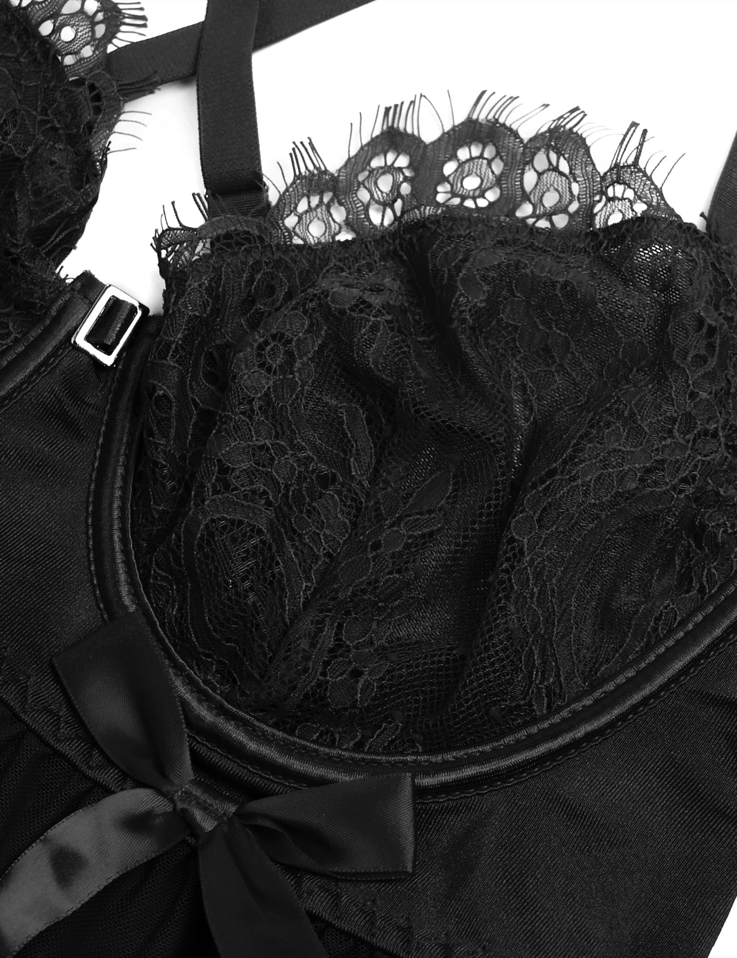 Black Mesh Babydoll with Underwire & Padding, Cross - Back, Eyelash Lace Chest & Hem, Bust Bow & T - Pants Set - TeaseFashion