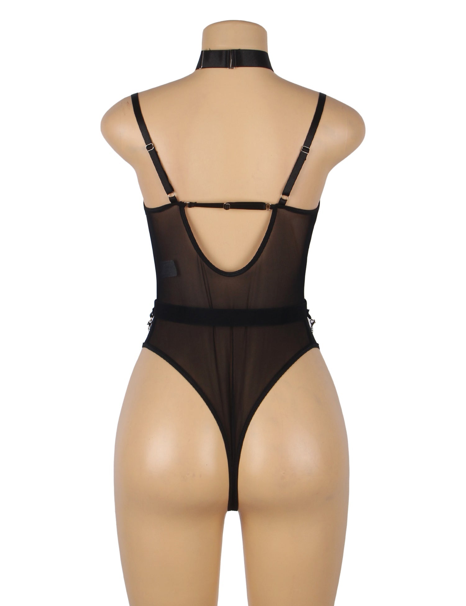 Black Mesh Bodysuit – Underwire, Chain Hardware & 9 - Hook Back - TeaseFashion