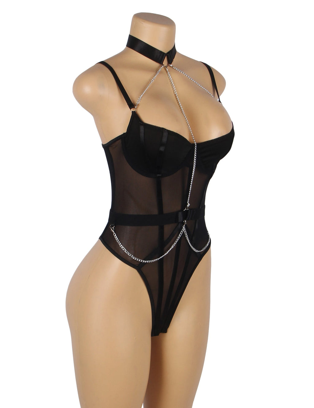 Black Mesh Bodysuit – Underwire, Chain Hardware & 9 - Hook Back - TeaseFashion