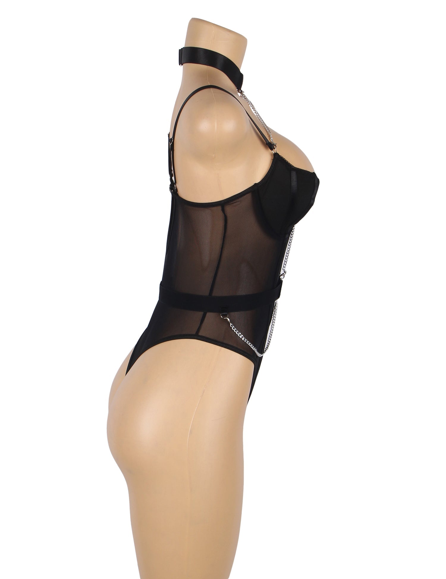 Black Mesh Bodysuit – Underwire, Chain Hardware & 9 - Hook Back - TeaseFashion
