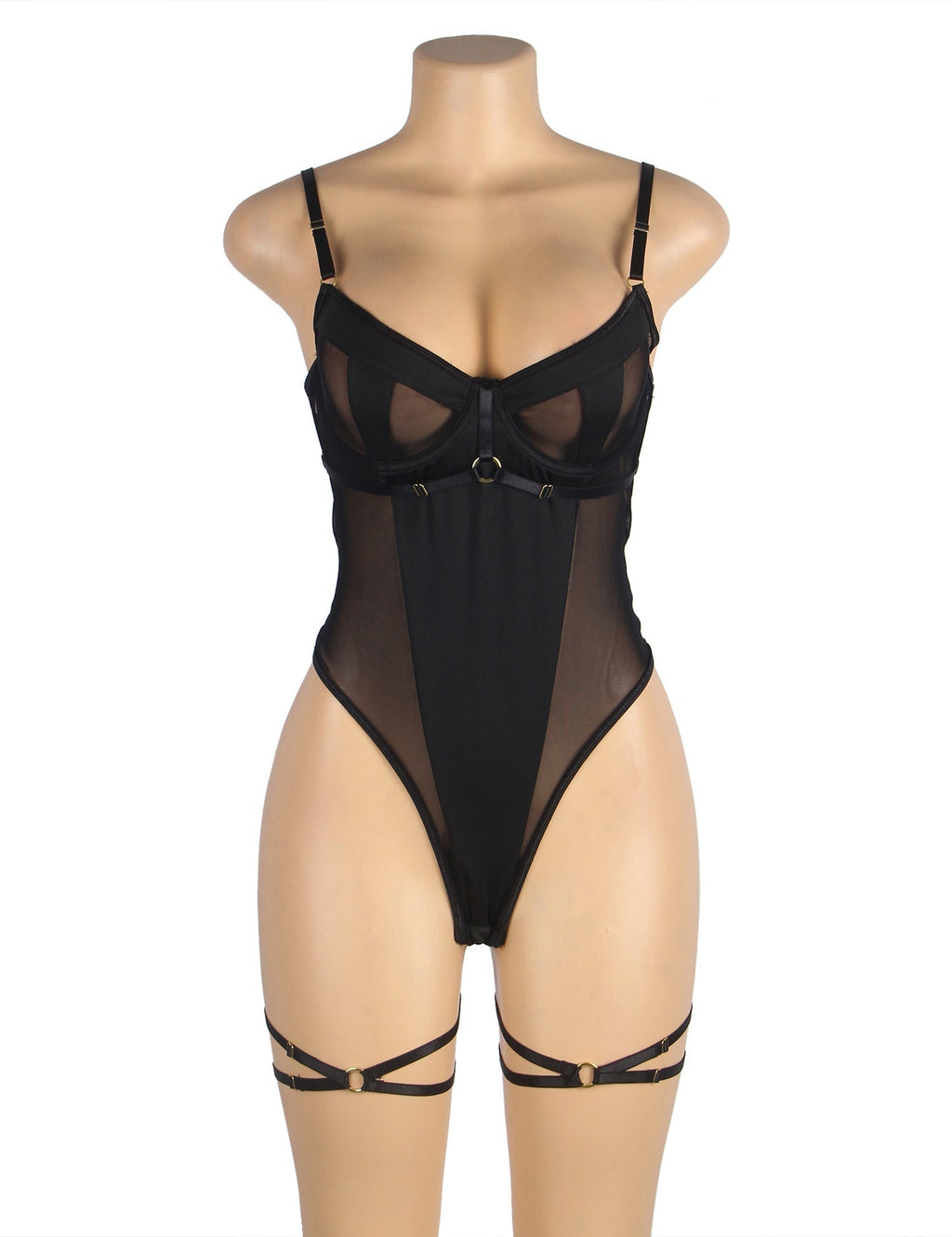 Black Mesh Bodysuit – Underwire, Leg Rings & Snap - Button Crotch - TeaseFashion