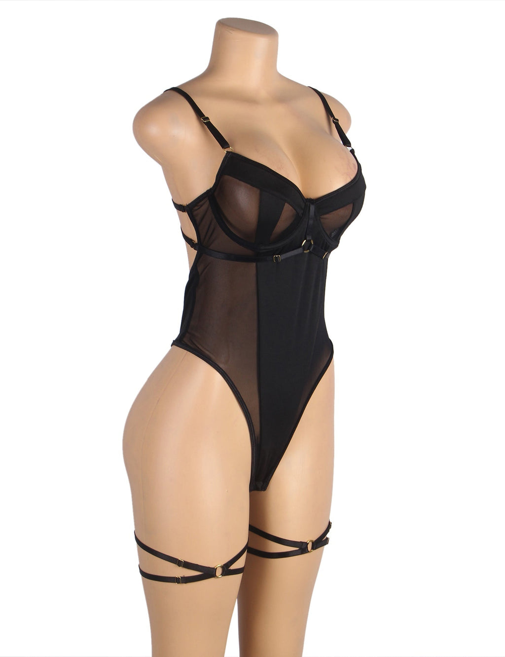 Black Mesh Bodysuit – Underwire, Leg Rings & Snap - Button Crotch - TeaseFashion