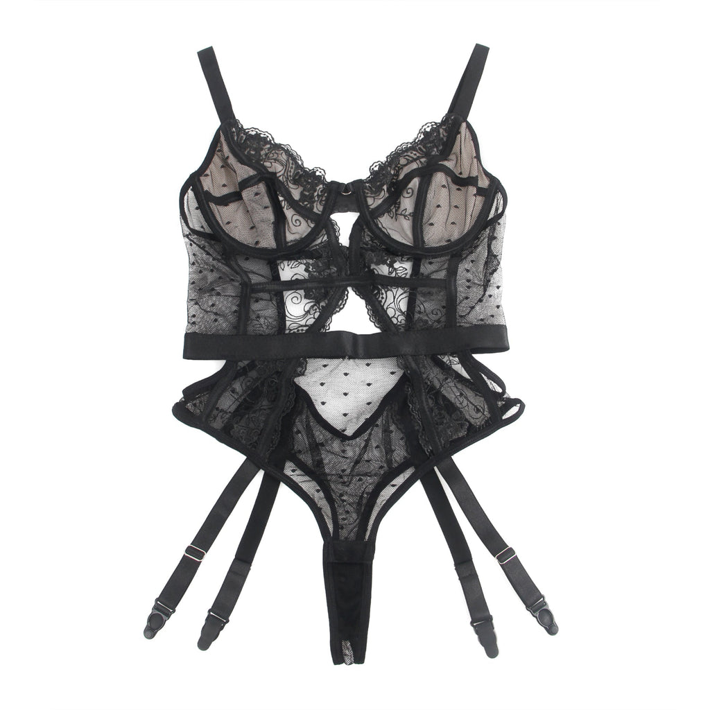 Black Mesh Bodysuit with 3D Embroidery, Underwire, Hollow - Out Back & Four Garter Straps - TeaseFashion