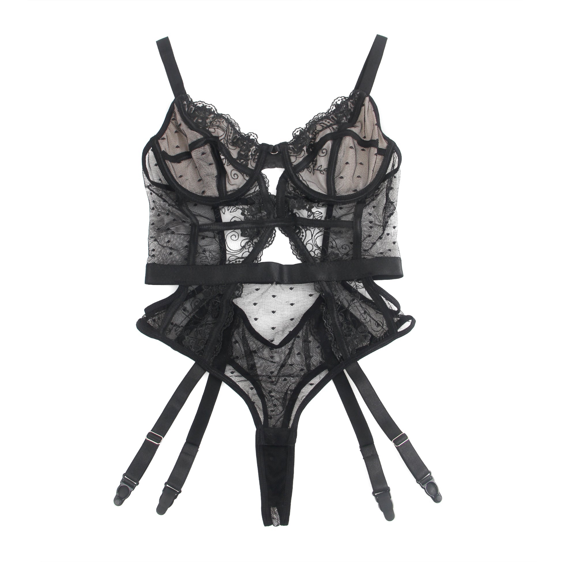Black Mesh Bodysuit with 3D Embroidery, Underwire, Hollow - Out Back & Four Garter Straps - TeaseFashion