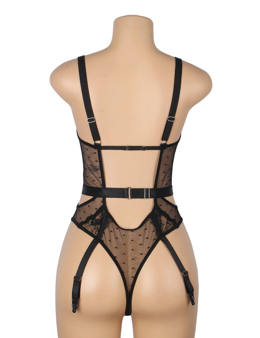 Black Mesh Bodysuit with 3D Embroidery, Underwire, Hollow - Out Back & Four Garter Straps - TeaseFashion
